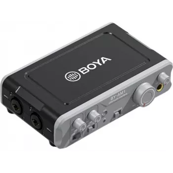Interface audio USB-C 2 canaux BOYA BY-AM1 avec entrées XLR/TRS, alimentation fantôme +48V et monitoring direct