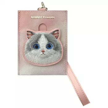 Porte-cartes portefeuille NIMMY Big Eyed Pet 2.0 Chat rose en cuir PU avec 6 emplacements pour cartes, poche à monnaie et fermeture à glissière