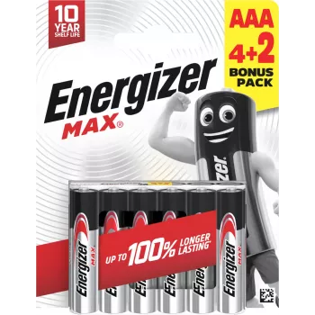Energizer Max AAA Piles alcalines, 1,5 V, lot de 6 (4+2)