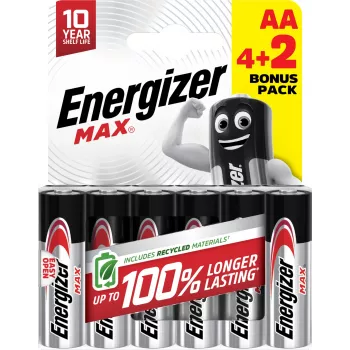 Piles alcalines Energizer Max AA, 1,5 V, lot de 6 (4+2)
