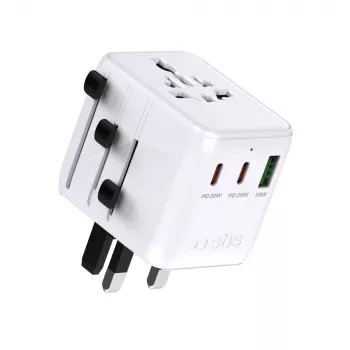Adaptateur de voyage universel SBS avec 2x USB-C PD 20W et 1x USB-A QC 18W, 35W au total, blanc