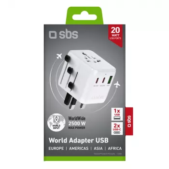 Adaptateur de voyage universel SBS avec 2x USB-C PD 20W et 1x USB-A QC 18W, 35W au total, blanc