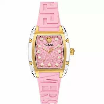Montre femme à quartz Versace VE8K00224, 45 mm, boîtier en acier inoxydable gris, cadran rose, bracelet en silicone rose