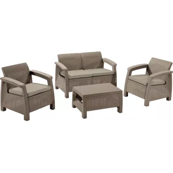 KETER Corfu Set 3-Piece Beige Rattan-Look Garden Furniture Set with Grey Cushions