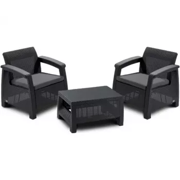 Keter Corfu Weekend Ensemble de mobilier de jardin 2 places avec table basse, effet rotin gris