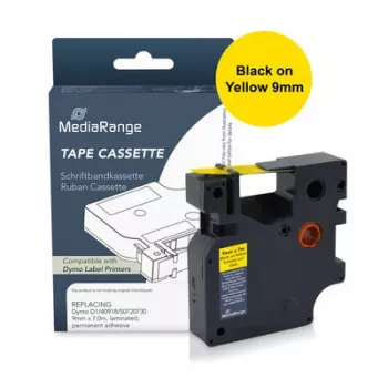 Cassette de ruban à étiquettes en plastique MediaRange pour Dymo D1 40918/S0720730, 9 mm x 7 m, laminée, adhésive permanente, noir sur jaune (MRDY40918)
