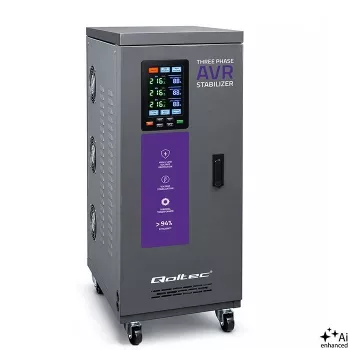 Stabilisateur de tension AVR triphasé à servomoteur Qoltec 15 kVA avec écran LCD, précision ±3 %, Expert Line