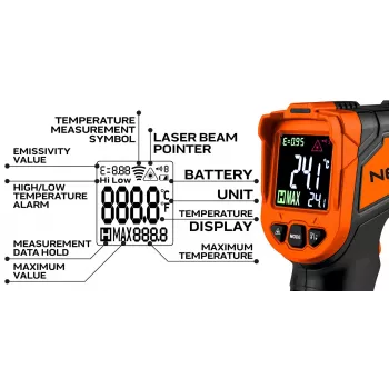 NEO TOOLS 75-276 pyromètre, thermomètre infrarouge sans contact avec double visée laser, -50°C à 880°C, 12:1 D:S, émissivité réglable, LCD rétroéclairé