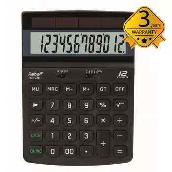 Calculatrice de bureau REBELL RE-ECO 450 BX, LCD 12 chiffres, double alimentation, plastique recyclé, noire