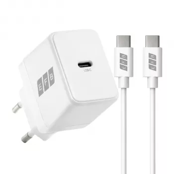Ensemble chargeur mural EFB Elektronik G201CE 20W USB-C GaN avec câble USB-C 2 m, PD3.0 & QC3.0, blanc