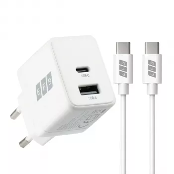 Ensemble chargeur mural EFB Elektronik G201A1CE 20W GaN USB-C PD3.0 + USB-A QC3.0 avec câble USB-C 2 m, blanc