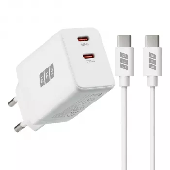 Ensemble chargeur mural EFB Elektronik G452CE 45W double USB-C GaN avec câble USB-C 2 m, blanc