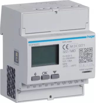 Compteur d'énergie triphasé Hager ECP302C pour transformateurs de courant 1A ou 5A, 4 modules sur rail DIN, sortie d'impulsions S0
