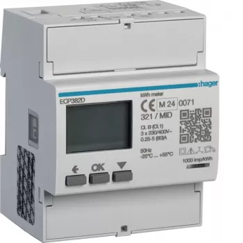 Compteur d'énergie triphasé Hager ECP382D direct 80A 4M S0 MID