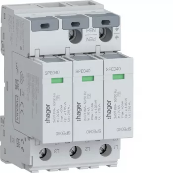 Parafoudre Hager SPE340 type 2, 3 pôles, TNS/TT, 275V, 20kA, 40kA Imax