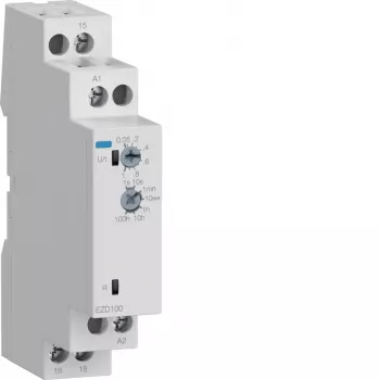 Hager EZD100 relais temporisé multifonction 24-240V AC/DC, 10 fonctions, 1 contact CO, rail DIN
