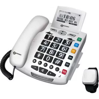 Geemarc Pack SERENTIES téléphone filaire pour seniors avec pendentif de détection de chute, écran rétroéclairé, blanc