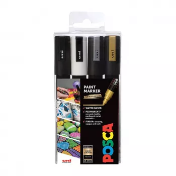 Uni-Ball Faber-Castell POSCA PC-5M ensemble de marqueurs acryliques métalliques, 4 couleurs, pointe ronde moyenne 1,8-2,5 mm 182544