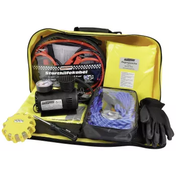 Kit d’urgence et de dépannage automobile BRÜDER MANNESMANN avec triangle de signalisation, gilet de sécurité, trousse de premiers secours, câble de remorquage, câbles de démarrage, gants de travail dans sac en nylon jaune fluo (M01782)