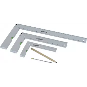 Jeu de 5 équerres de menuisier Brüder Mannesmann M81210 avec pointe à tracer, acier trempé, métrique, règle 100 mm, rapporteur 0-180°, équerre à onglet 45°, équerre de centrage, étui plastique 0418002