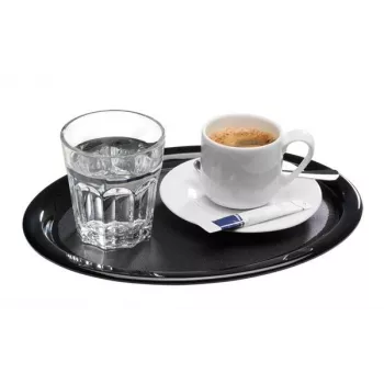 Plateau de service ovale APS KAFFEEHAUS en mélamine, noir, bord roulé, 260 x 200 x 15 mm 84251