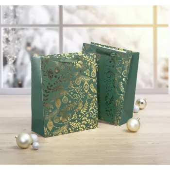 Sacs cadeaux SIGEL GT118, ornements dorés sur fond vert, 26 x 32 cm, lot de 5