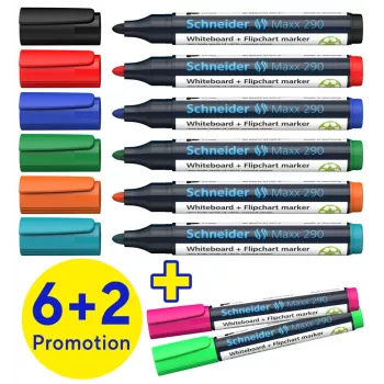 Ensemble de 8 marqueurs Schneider Maxx 290 pour tableau blanc et paperboard, couleurs assorties, pointe ronde 2,0-3,0 mm 129098