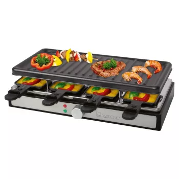 Clatronic RG 3757 Raclette Grill, Rectangular, Ribbed Grill Plate 42x21 cm, 8 Raclette Pans, 1400 W, Stainless Steel/Plastic 263946