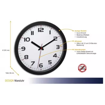TFA Dostmann 60.3050.01 horloge murale à quartz 305 mm noire