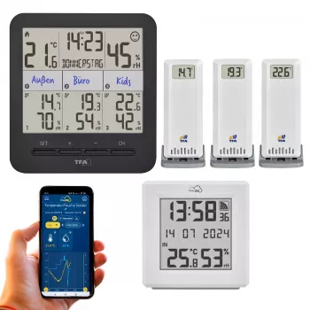 TFA Dostmann TFA.me ensemble de démarrage avec passerelle WLAN et 2 thermo-hygromètres sans fil KLIMA@HOME, noir/blanc 35.8109.02