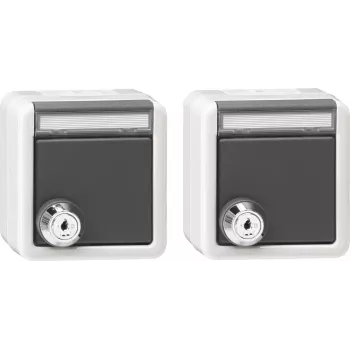 Ensemble Gira 2x prise SCHUKO avec serrure et capot rabattable, en saillie, IP44, fermeture identique, blanc pur 456030