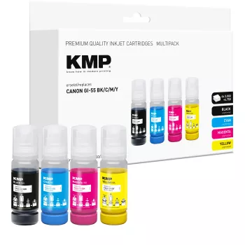 Ensemble d'encres de recharge KMP pour Canon GI-55BK/C/M/Y, 4x70 ml pack combiné (noir, cyan, magenta, jaune) 1587,0005