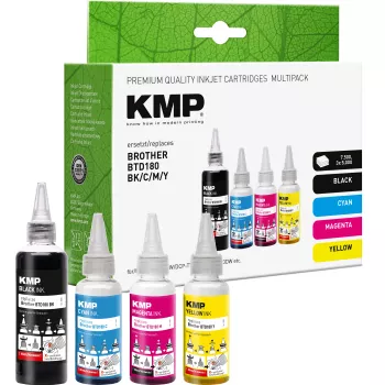 Ensemble d'encres de recharge KMP PRINTTECHNIK pour Brother BTD180BK/C/M/Y – noir 110 ml, cyan/magenta/jaune 50 ml chacun (compatible) 1555,0005