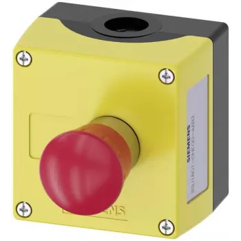 Boîtier Siemens 3SU18010NE004AB2 (3SU1801-0NE00-4AB2) pour fixation au sol, avec plaque, 1 bouton rouge à déverrouillage rotatif, noir