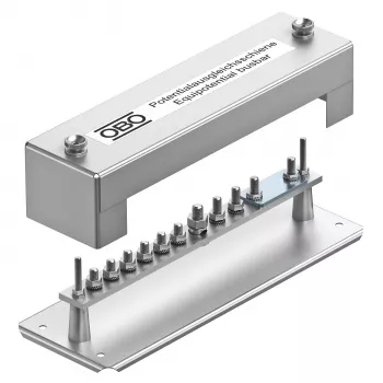 Barre de liaison équipotentielle OBO Bettermann 1810, 348 mm, 10 points de raccordement, cache transparent, 5015057
