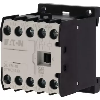 Eaton DILEM-10-G(12VDC) Mini Contactor, 3-Pole, 12 V DC Coil, 9 A AC-3, 1 NO Auxiliary, IP20, Screw Terminals, DIN Rail/Screw Mount, Black/White 079594