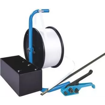 Kit de cerclage polyester Banholzer & Wenz, dévidoir mobile, 19 mm x 600 m, avec 1000 boucles métalliques 17066