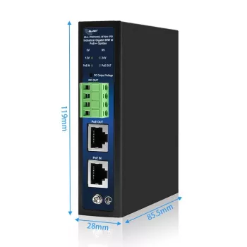 Splitter/extracteur PoE industriel ALLNET IEEE 802.3bt Type 4, 90W, sortie sélectionnable 5V/9V/12V/24V, Gigabit Ethernet, montage sur rail DIN/mural (ALL-PSI104G-BT90-PD)