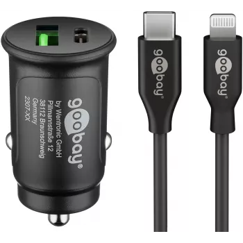 Goobay Ensemble chargeur rapide de voiture double USB Lightning 27 W - chargeur de voiture USB-C et USB-A avec câble USB-C vers Lightning 72166