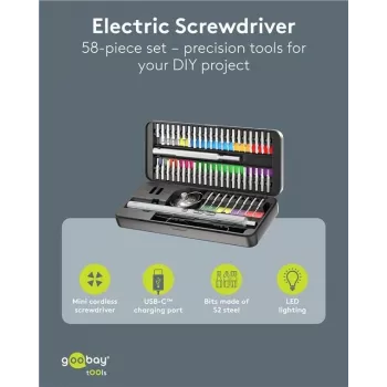 Goobay 77839 Tournevis de précision électrique avec batterie, 50 pièces, LED