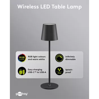 Lampe de table LED sans fil Goobay Wentronic, taille M, 38 cm, RGBW, noire (76569)