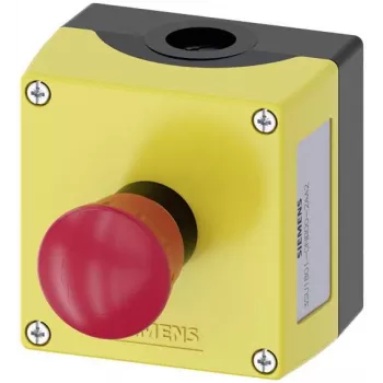 Boîtier complet Siemens SIRIUS ACT 3SU18010NB002AA2 pour montage au sol, 1 bouton-poussoir d'arrêt d'urgence, déverrouillage par rotation, rouge, jaune