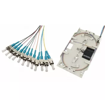 Cassette d'épissure fibre optique Tecline avec 12 pigtails OM3, ST/UPC, 2,0 m, 12 pièces (20500035)