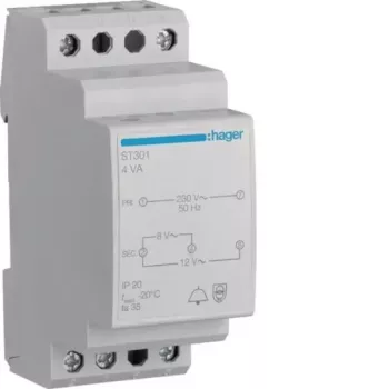 Hager ST301 Transformateur de sonnette 230V vers 8V/12V AC, 0,5A, rail DIN