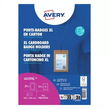 Ensemble de porte-badges Avery 4839XL avec cordon, A6, 105 x 148 mm, 50 ensembles, cordons bleus