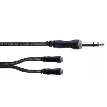 Câble adaptateur Y audio Cordial 14886 jack stéréo 6,3 mm mâle vers 2x douilles jack stéréo 3,5 mm femelles 0,3 m câble double PVC noir