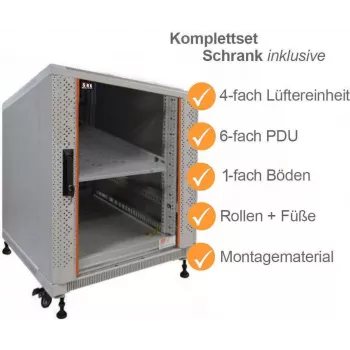 Ensemble complet rack serveur 19 pouces IT-BUDGET SRK 12U 600x1000 mm porte verre/acier avec 4 ventilateurs actifs, PDU, étagères, flatpack, gris clair 90ITB19SRK12610GG