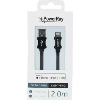 PowerRay PR-DCUL200TBK MFi Certified USB-A to Lightning Braided Cable, 2 m, Black