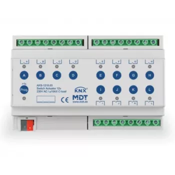 Actionneur de commutation KNX MDT AKS-1210.03 12 voies 8TE rail DIN 10A 230VAC charge C standard 140µF