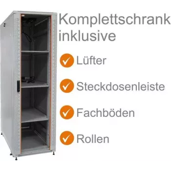 Ensemble complet de baie réseau 19 pouces IT-BUDGET SRK 38U 600x600 mm porte vitrée/acier 4 ventilateurs PDU étagères flatpack gris clair 90ITB19SRK3866GG